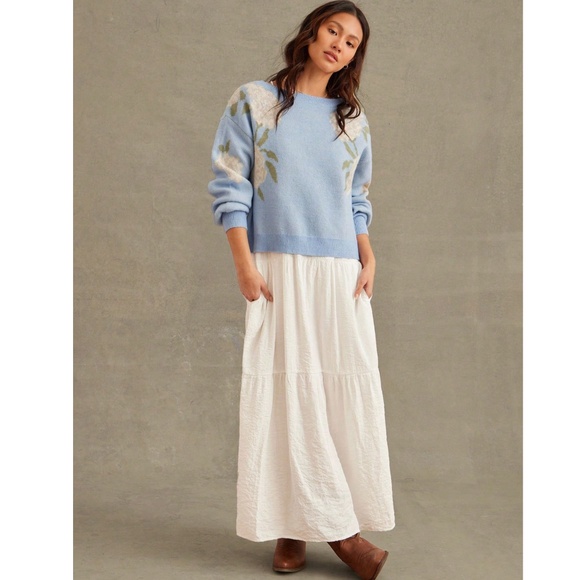 Floral Print Blue Knit Round Neck Long Sleeve Pullover Sweater - Picture 4 of 6